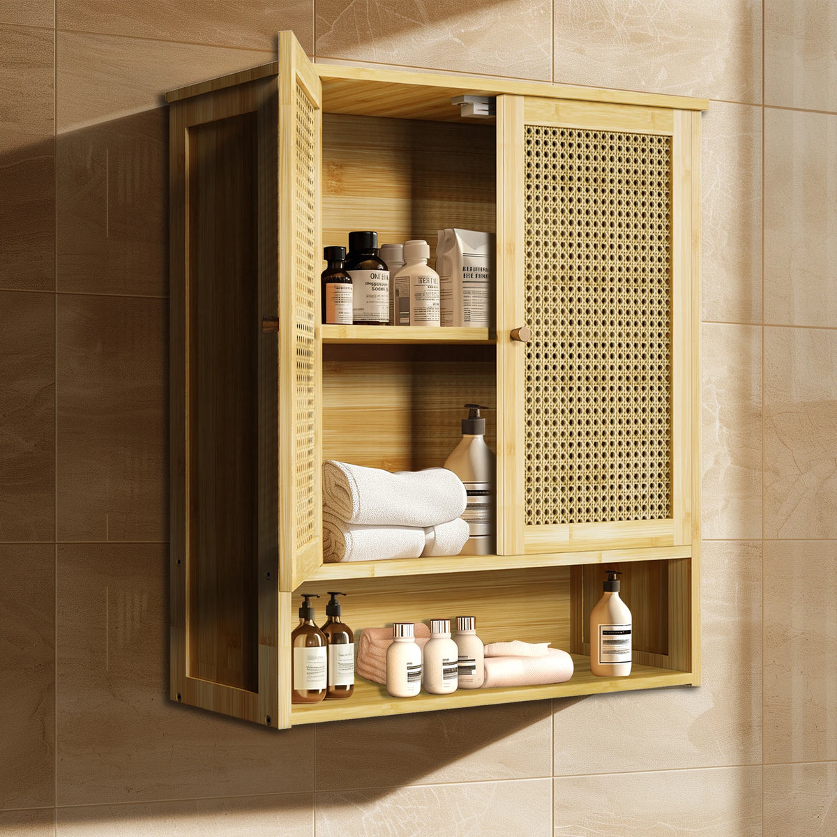 Bamboo Wall Cabinet With Triple Shelves And Double Doors