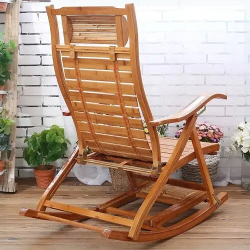 Bamboo Folding Rocking Chair Adjustable Sun Lounger for Indoor Outdoor Living