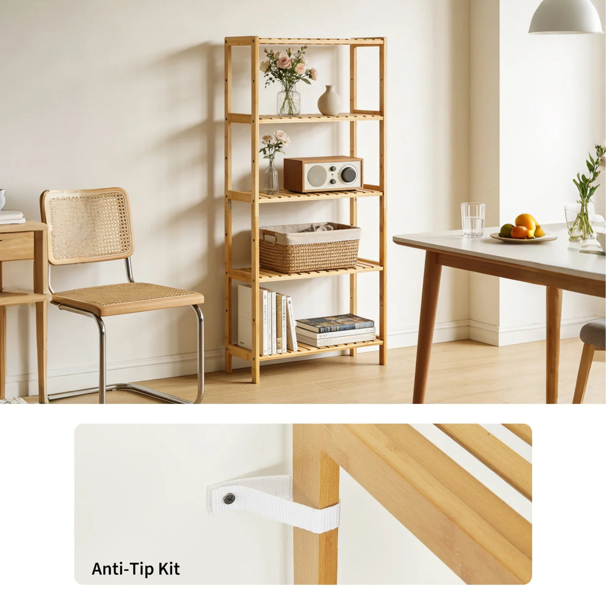 HiMiss Five Tier Bamboo Bathroom Shelf With Slatted Storage Rack
