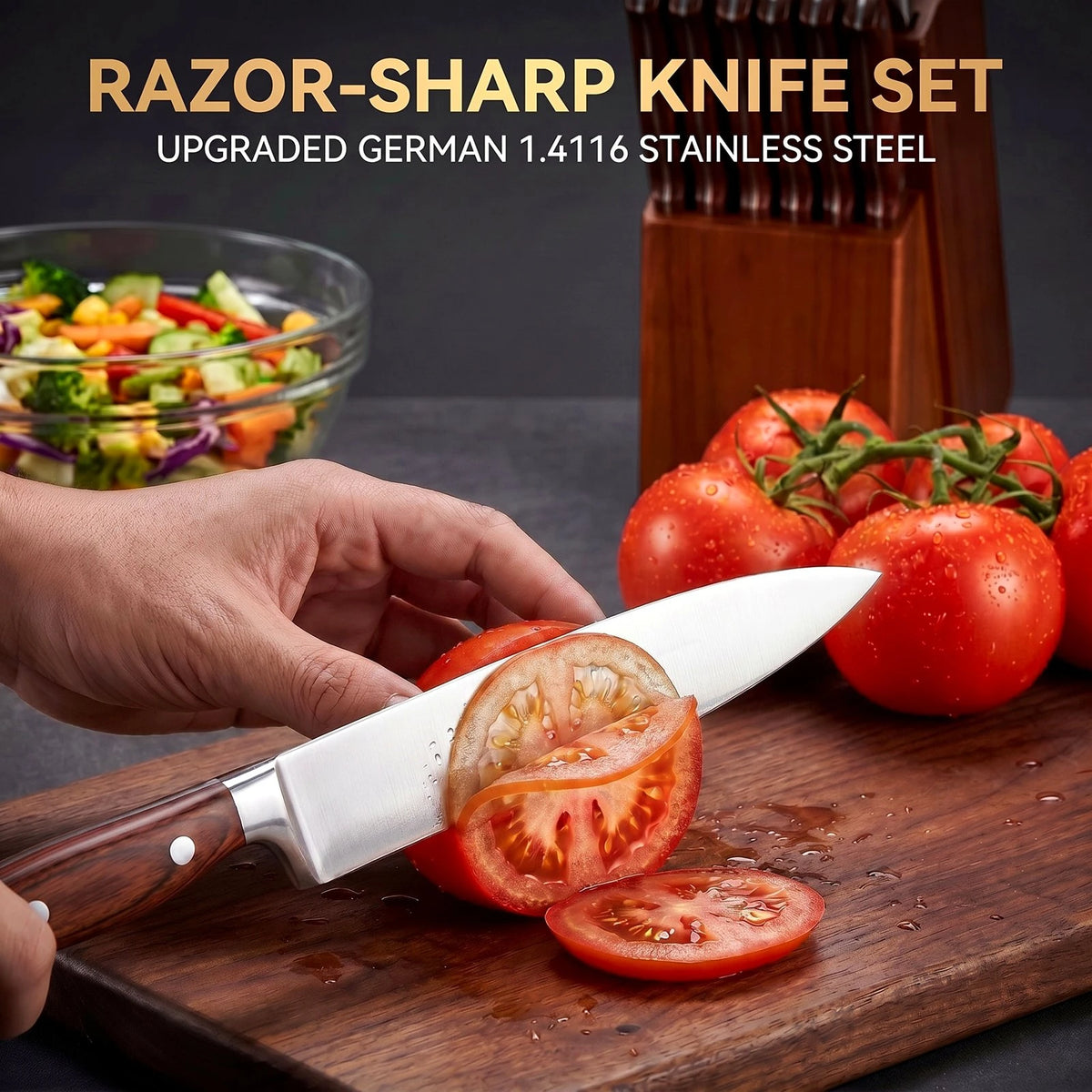 Complete Kitchen Knife Set With Wooden Block And Sharpener