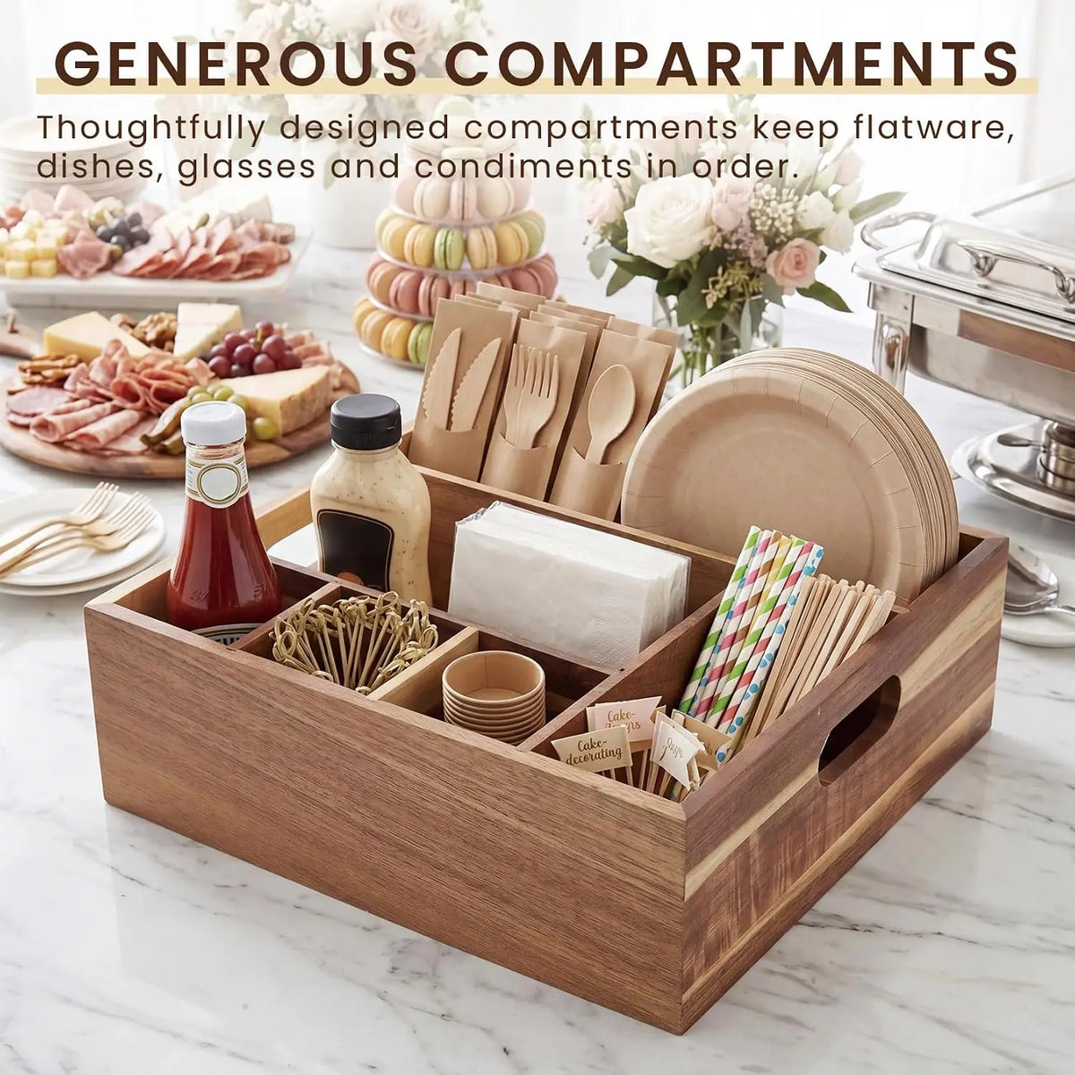 Garvee Multi Compartment Wooden Utensil Holder Caddy With Handles