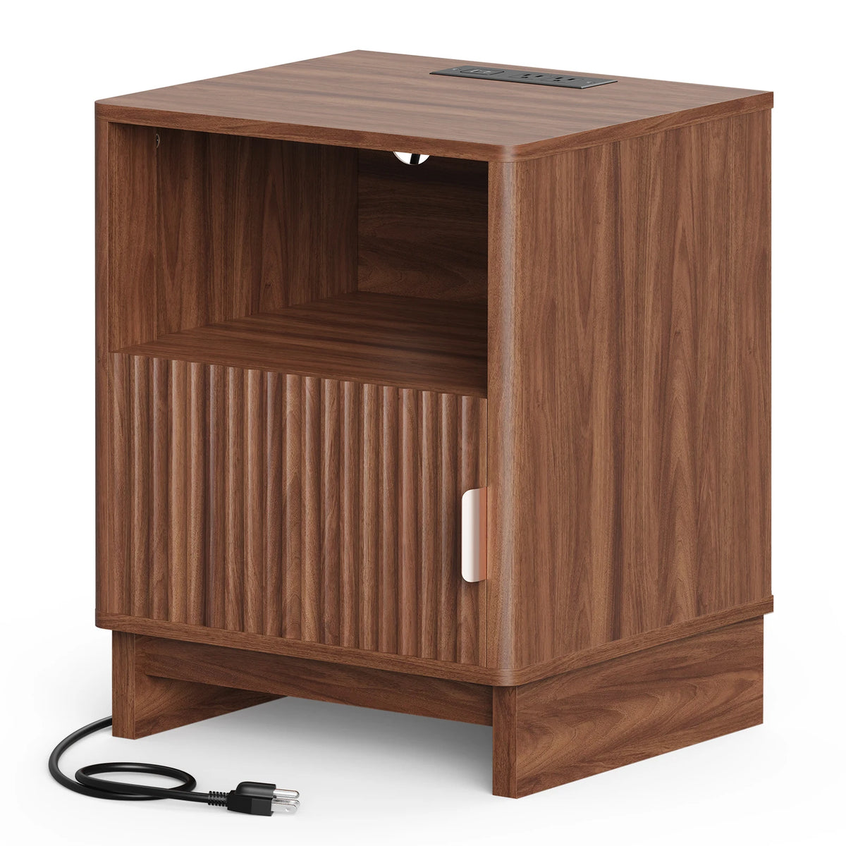 TinyNest Fluted Wood Nightstand With Charging Station