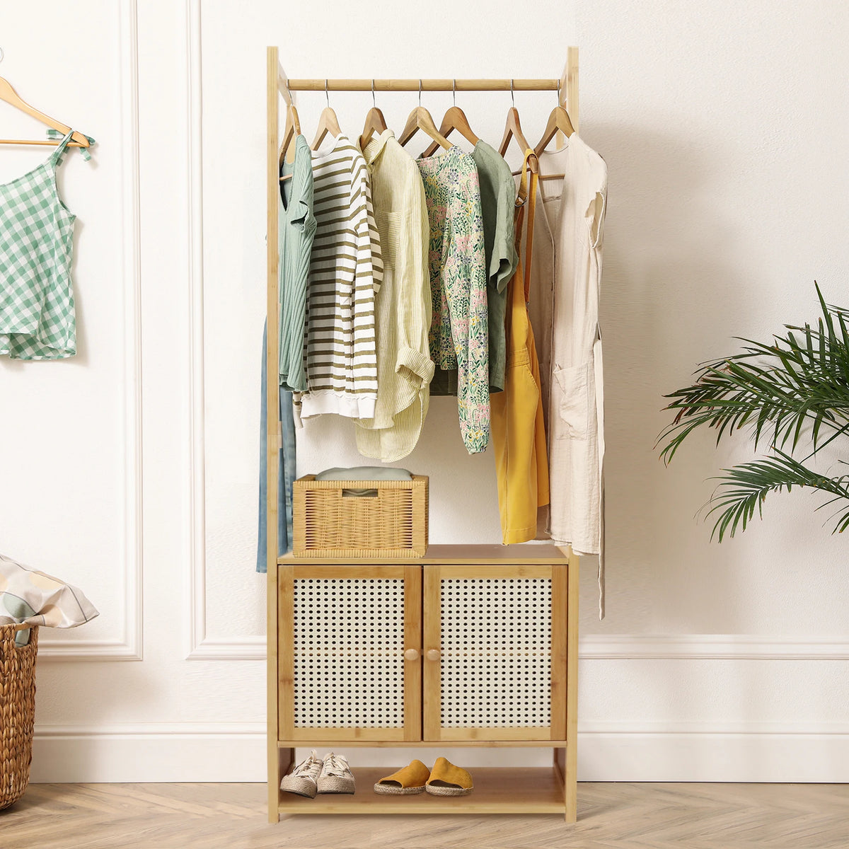 Free Standing Wooden Clothes Rack With Cabinet And Storage Shelves