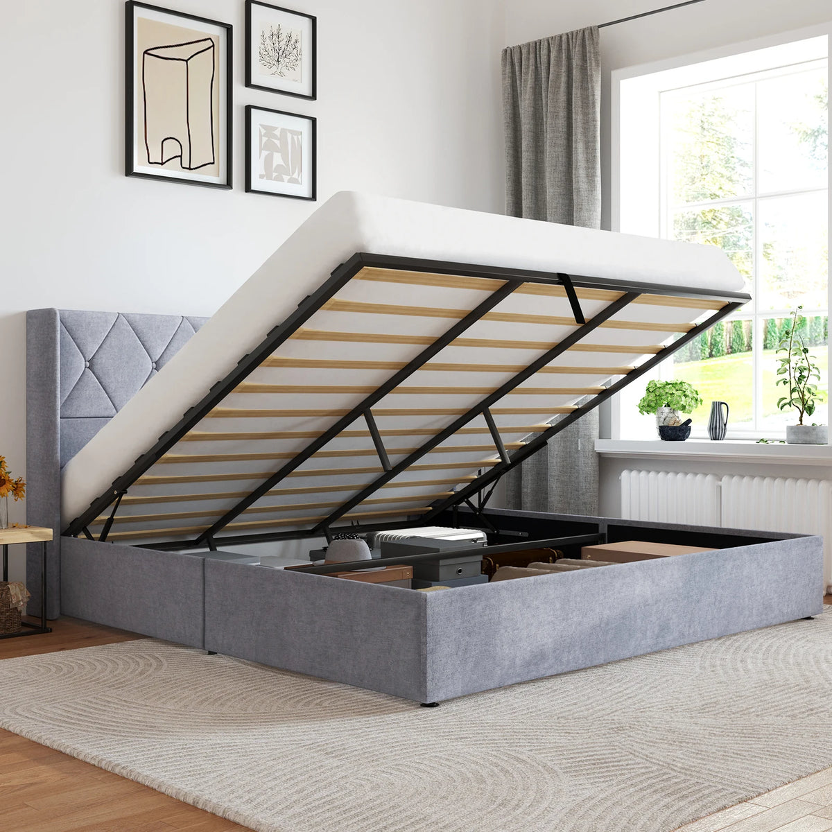 JHK Modern Hydraulic Storage Bed Frame With Wingback Headboard