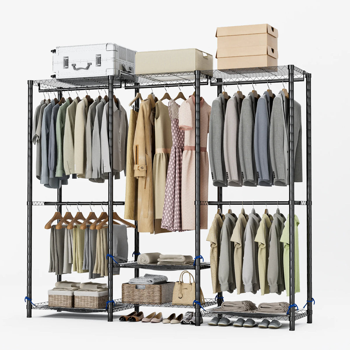 Freestanding Metal Clothes Rack And Portable Storage Organizer With Rod