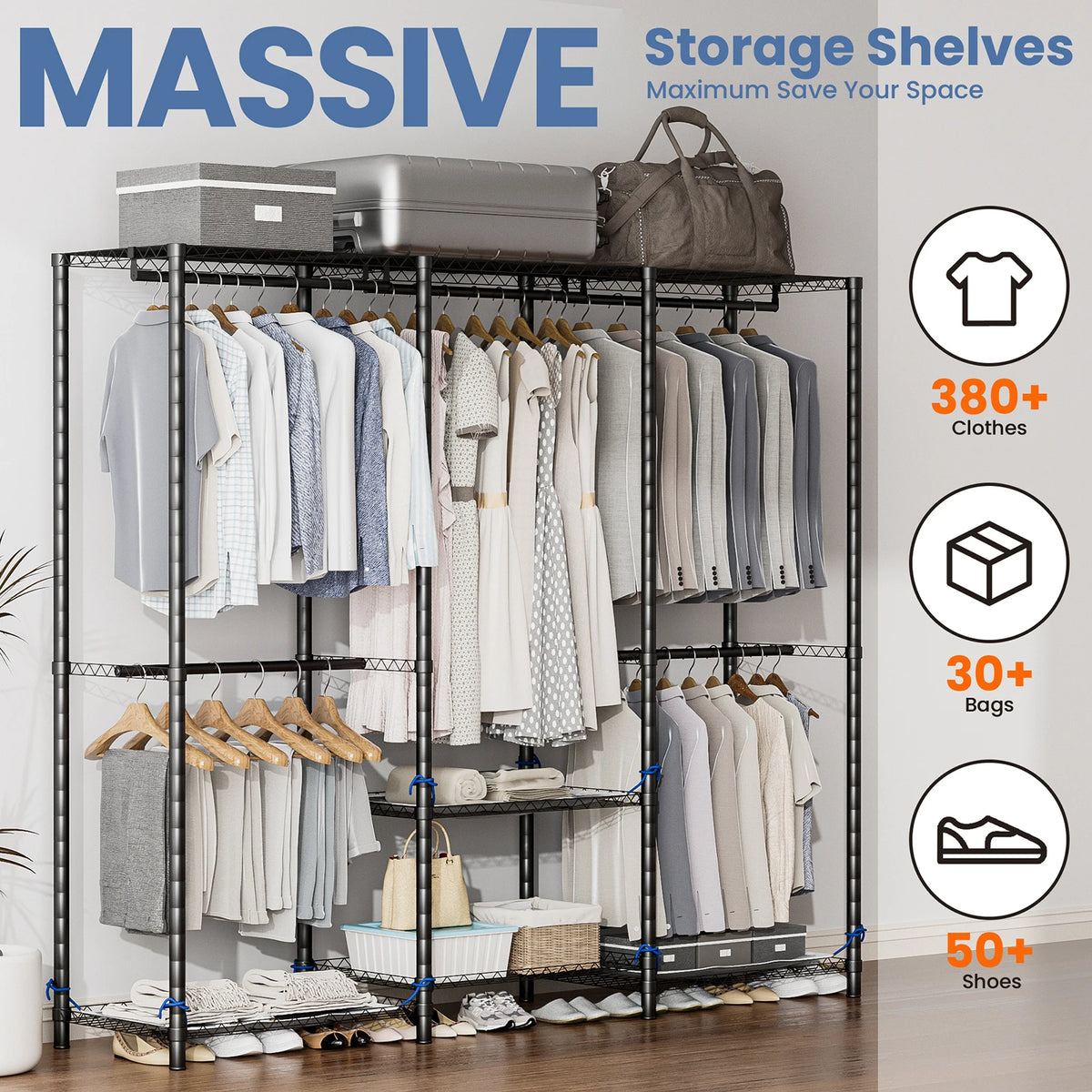 Freestanding Metal Clothes Rack And Portable Storage Organizer With Rod
