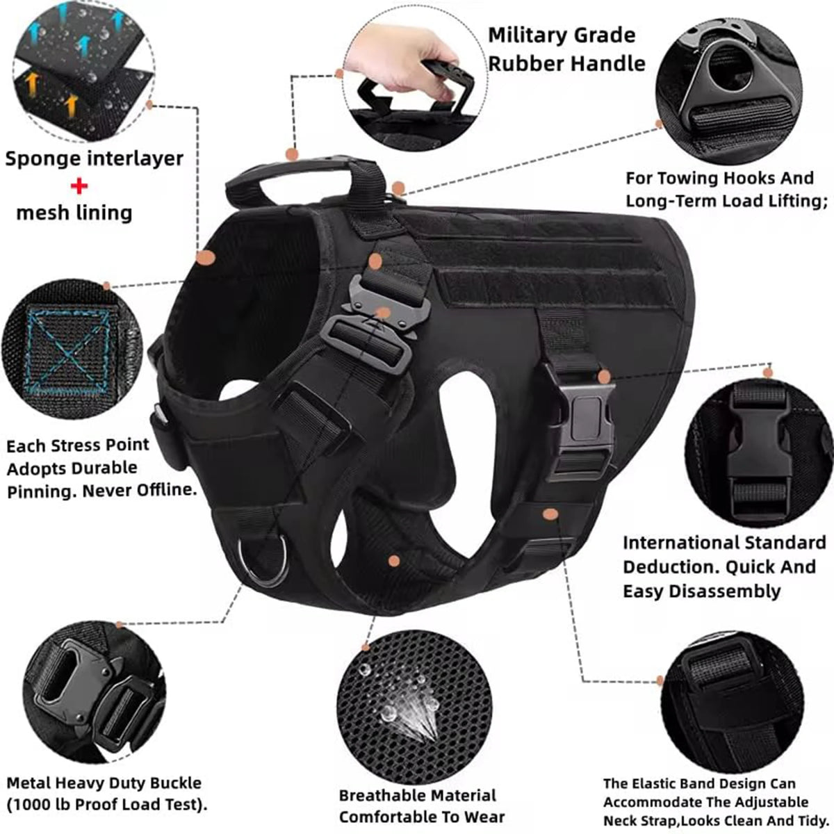 Petavel Tactical Dog Harness With Padded Molle Pouches