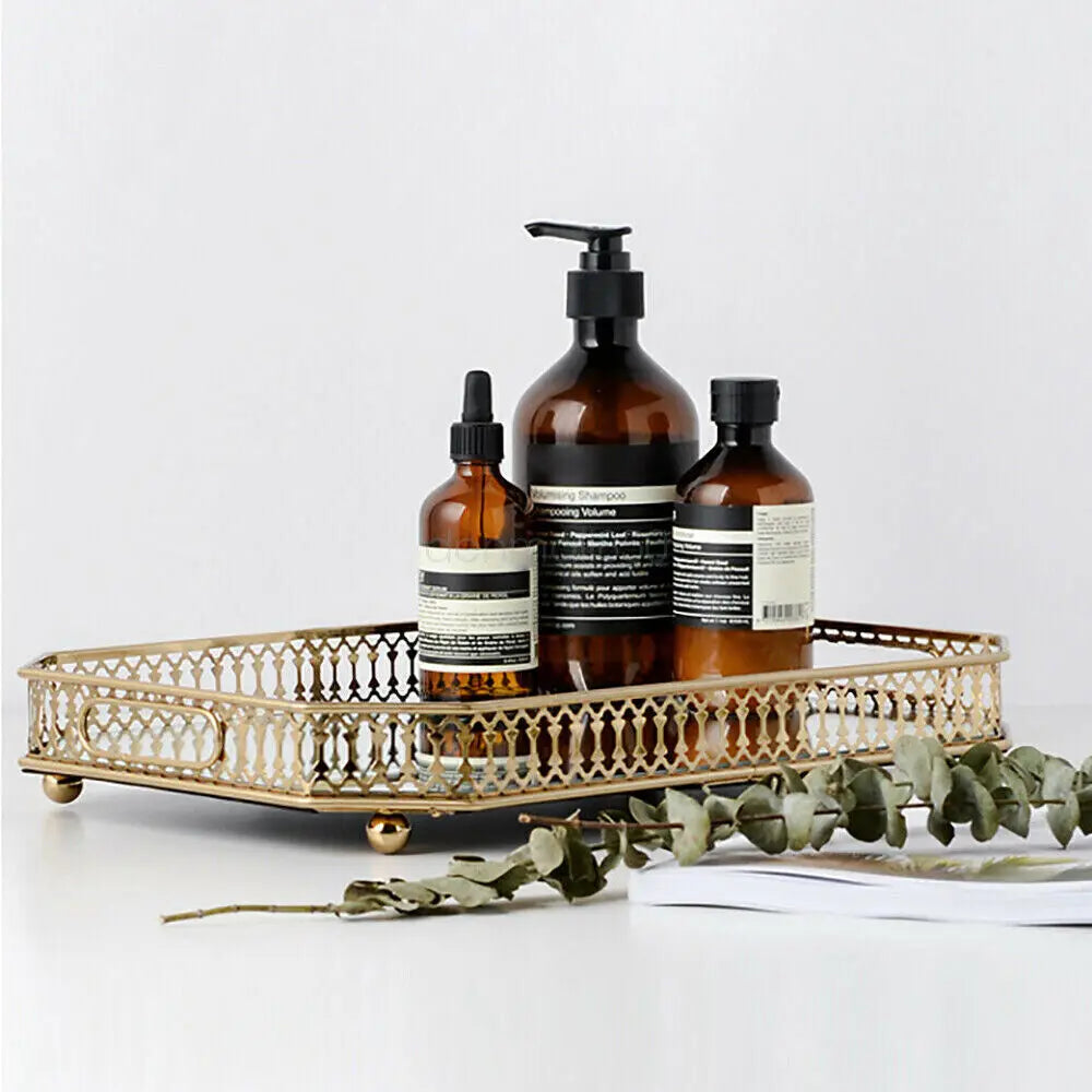 Decorative Glass Top Metal Vanity Tray For Makeup Jewelry Storage