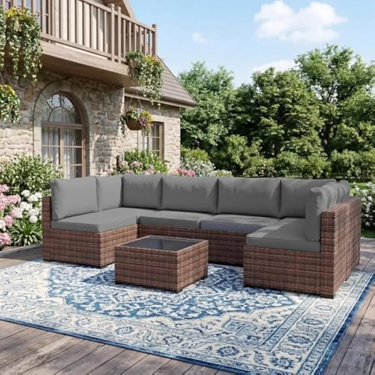 Modern Outdoor PE Rattan Sectional Set Glass Table Removable Cushions
