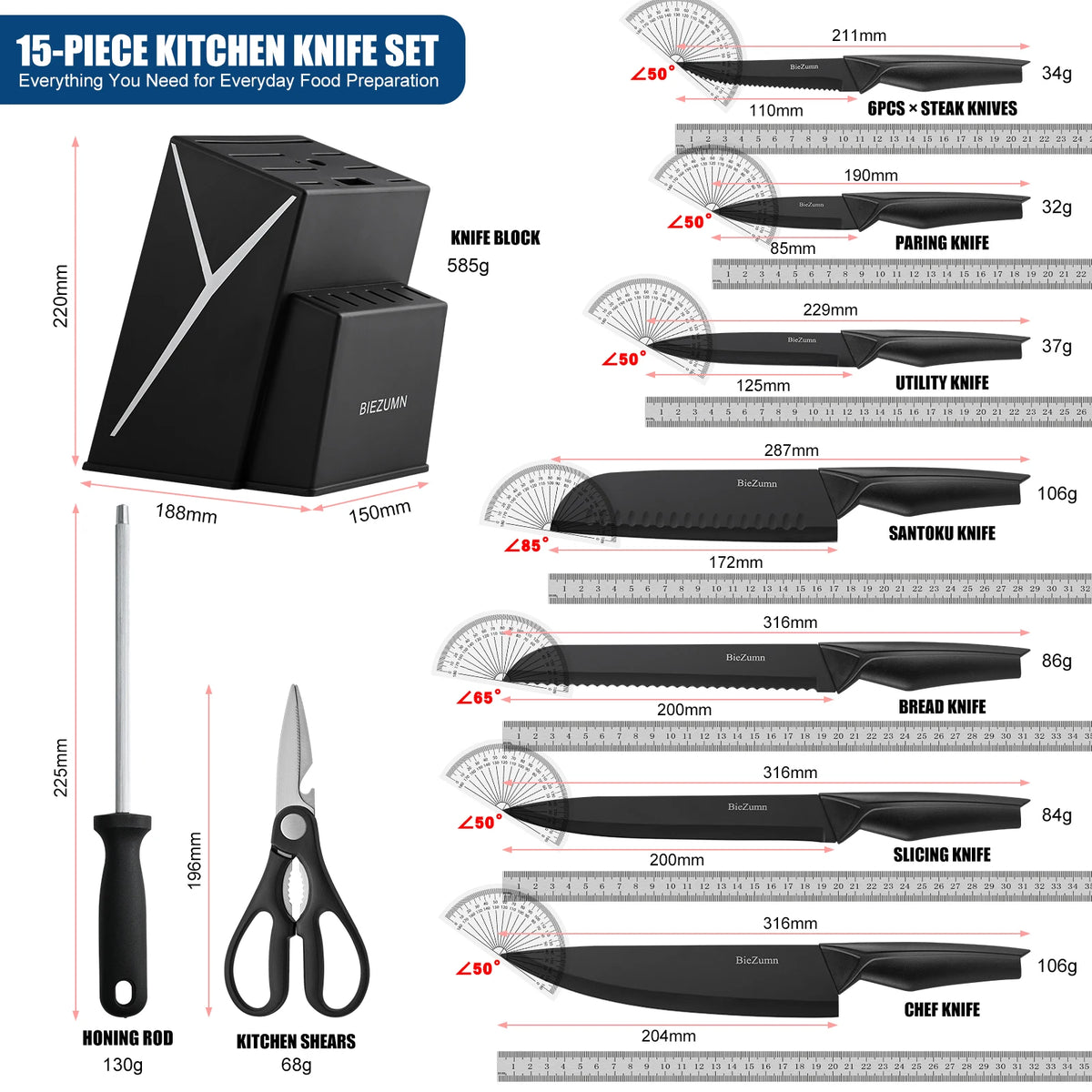15 Piece Stainless Steel Kitchen Knife Set With Integrated Sharpener