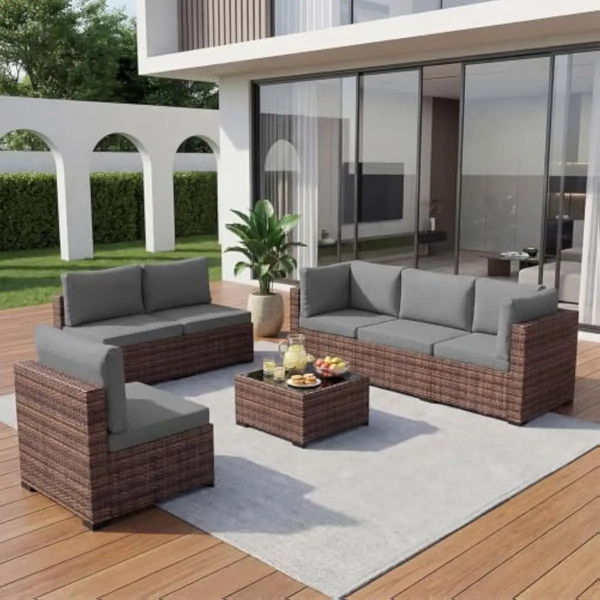 Modern Outdoor PE Rattan Sectional Set Glass Table Removable Cushions