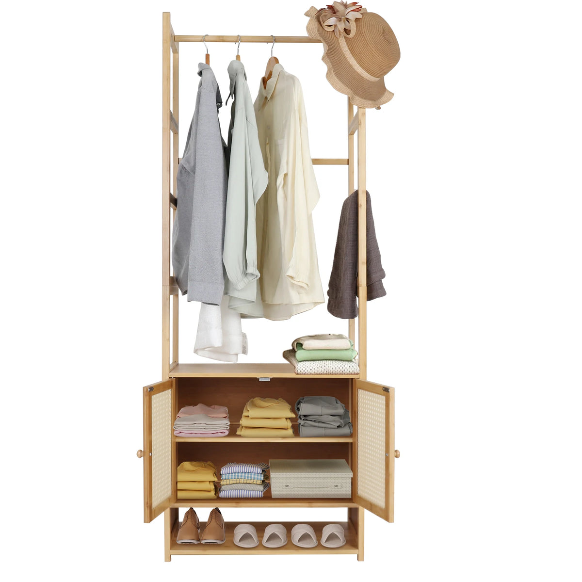 Free Standing Wooden Clothes Rack With Cabinet And Storage Shelves