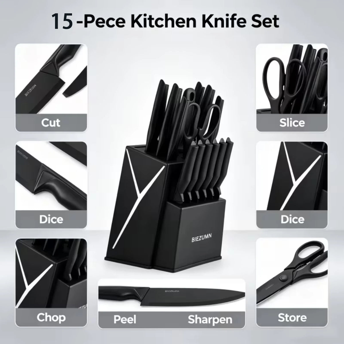 15 Piece Stainless Steel Kitchen Knife Set With Integrated Sharpener