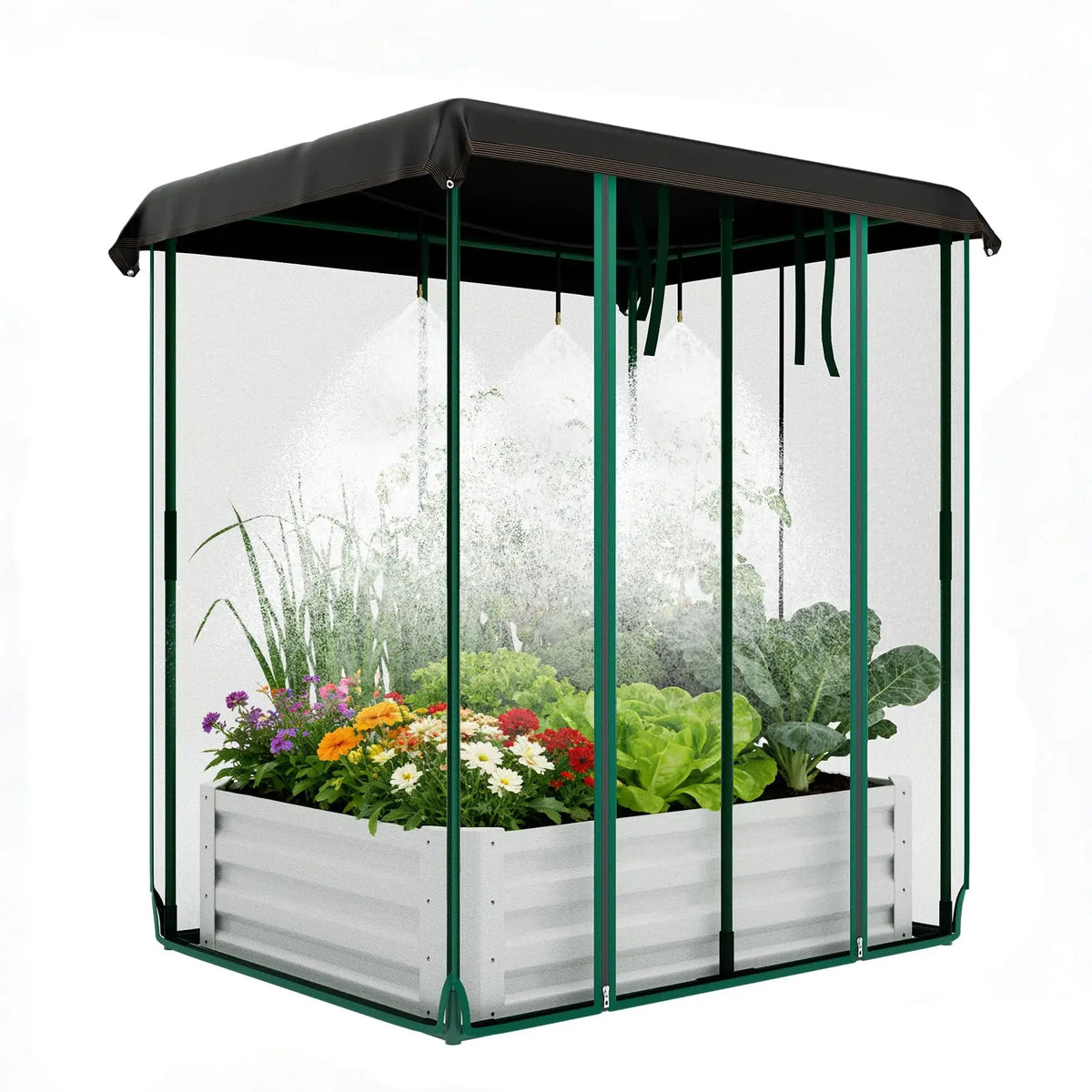 HiMISS 3In1 Galvanized Metal Raised Garden Bed Drip Irrigation Net
