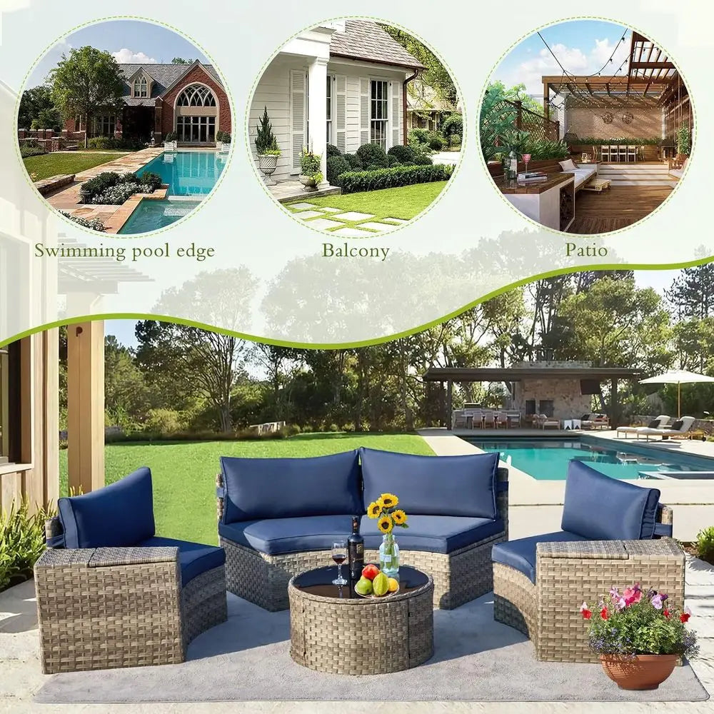 Outdoor Wicker Patio Sectional Set With Storage Armrest And Table