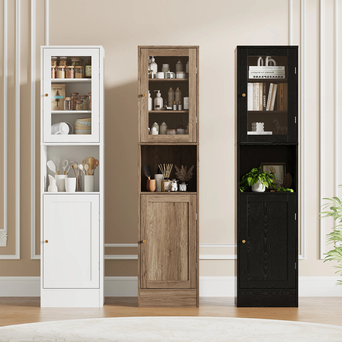 HOSSLLY Slim Bathroom Storage Cabinet With Glass Doors And Shelves