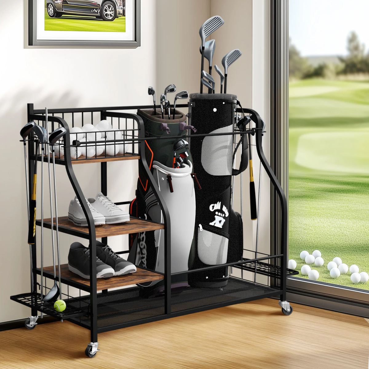 Multifunctional Rolling Metal Sports Equipment Storage Rack With Wheels