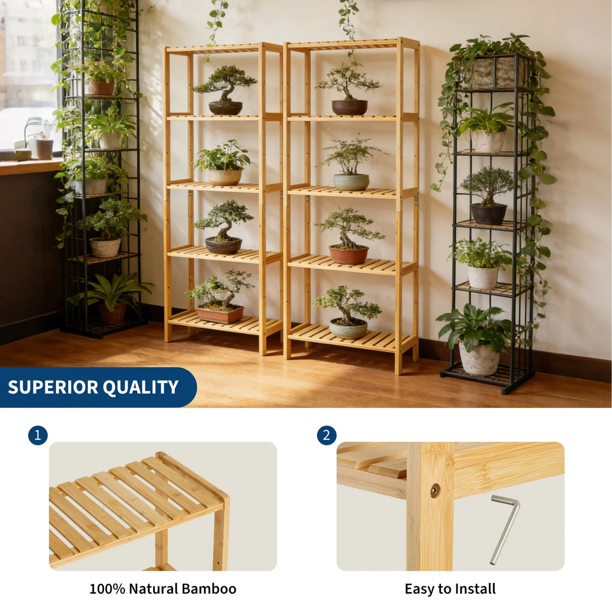 HiMiss Five Tier Bamboo Bathroom Shelf With Slatted Storage Rack