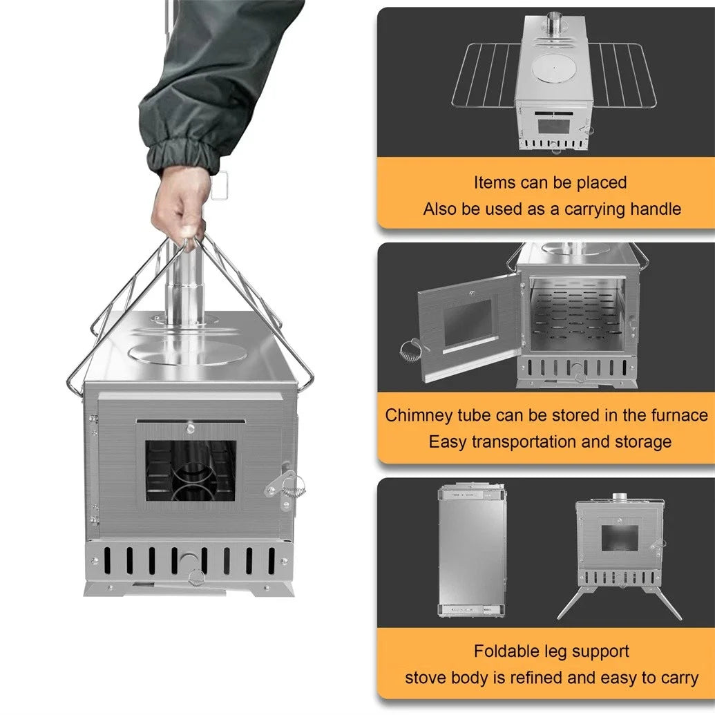 Portable Stainless Steel Wood Burning Tent Stove With Chimney Pipes