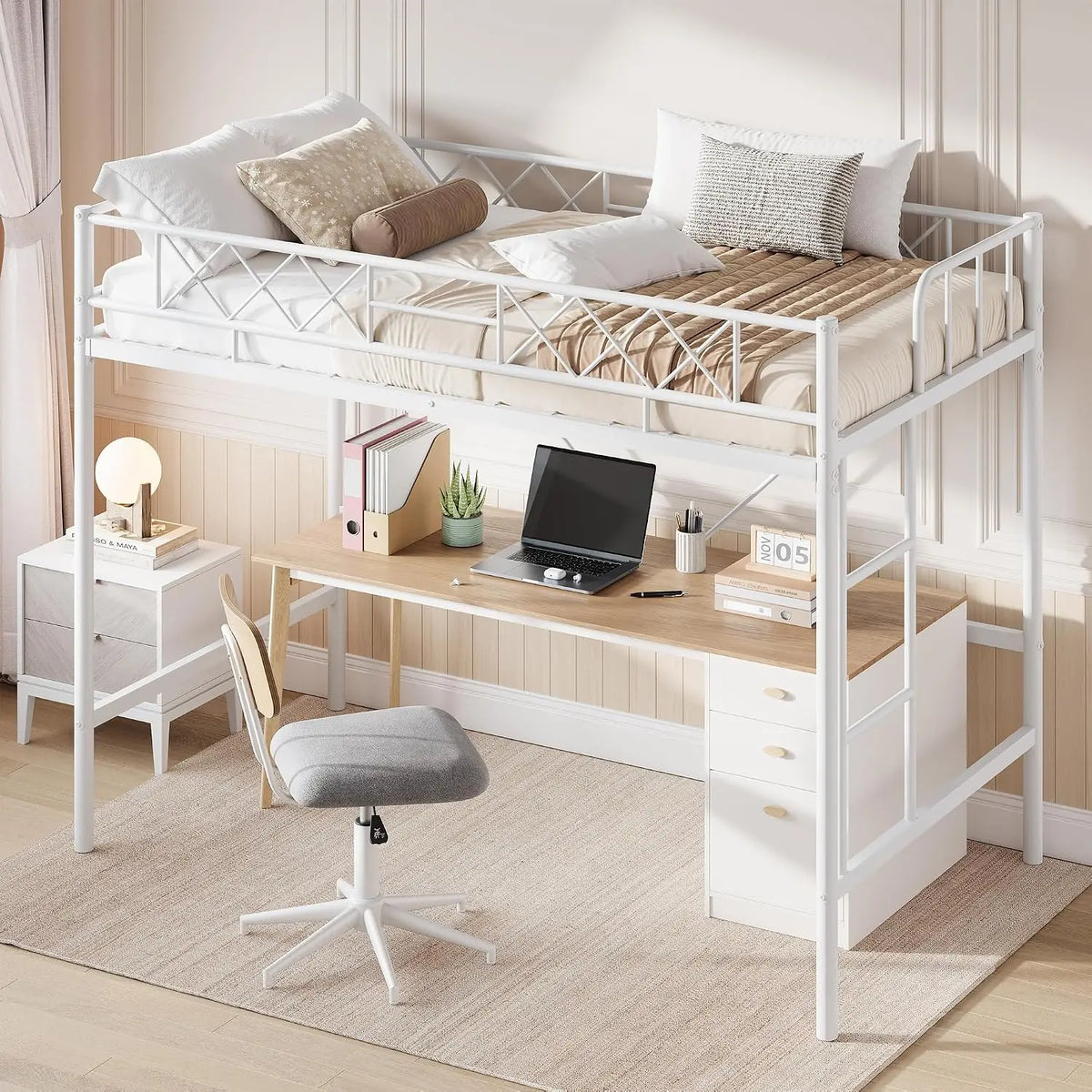HiMISS Metal Loft Bed Frame With Arched Guardrail Steel Slats