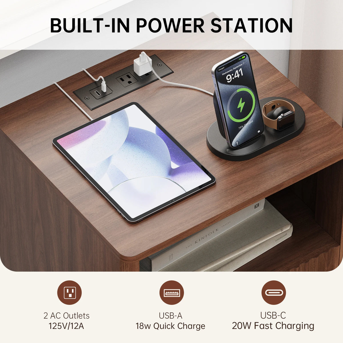 TinyNest Fluted Wood Nightstand With Charging Station