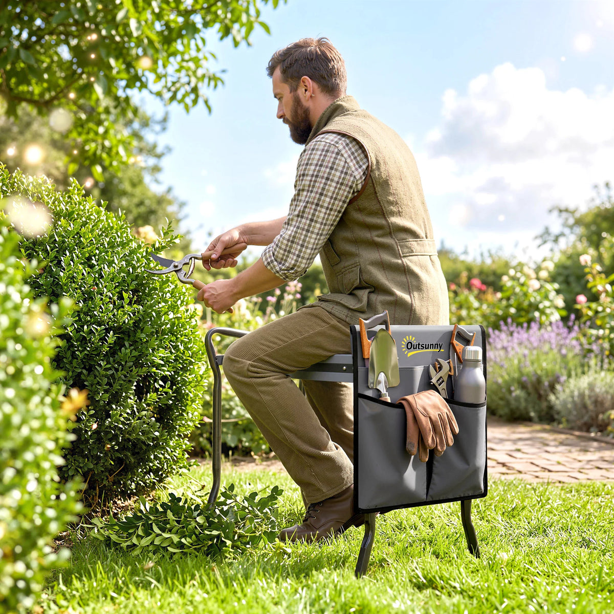 Outsunny Folding Garden Kneeler Bench With Tool Pouch
