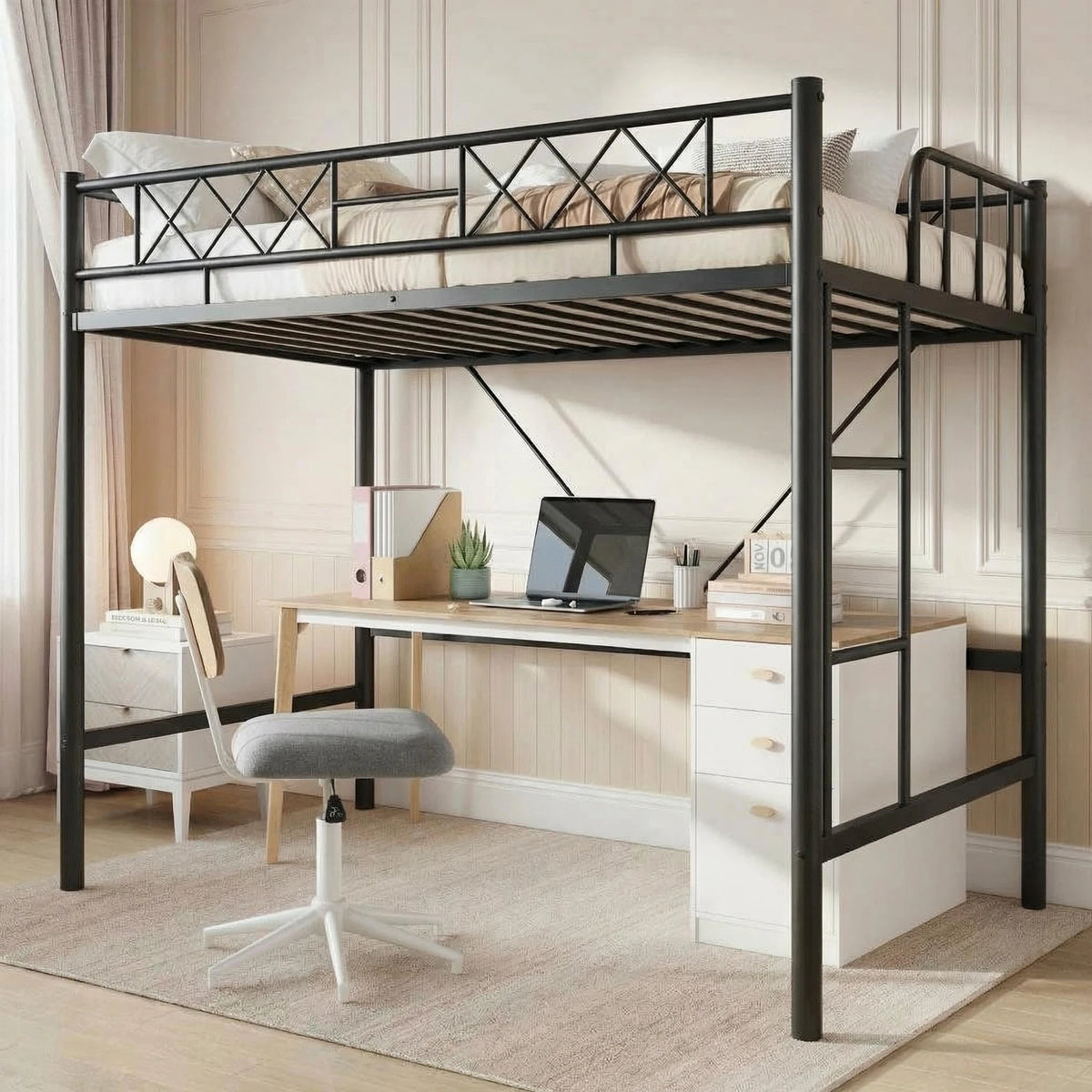 HiMISS Metal Loft Bed Frame With Arched Guardrail Steel Slats