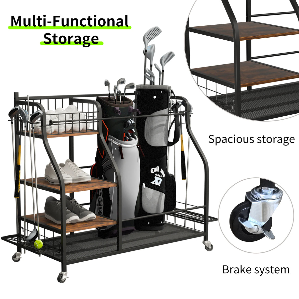 Multifunctional Rolling Metal Sports Equipment Storage Rack With Wheels