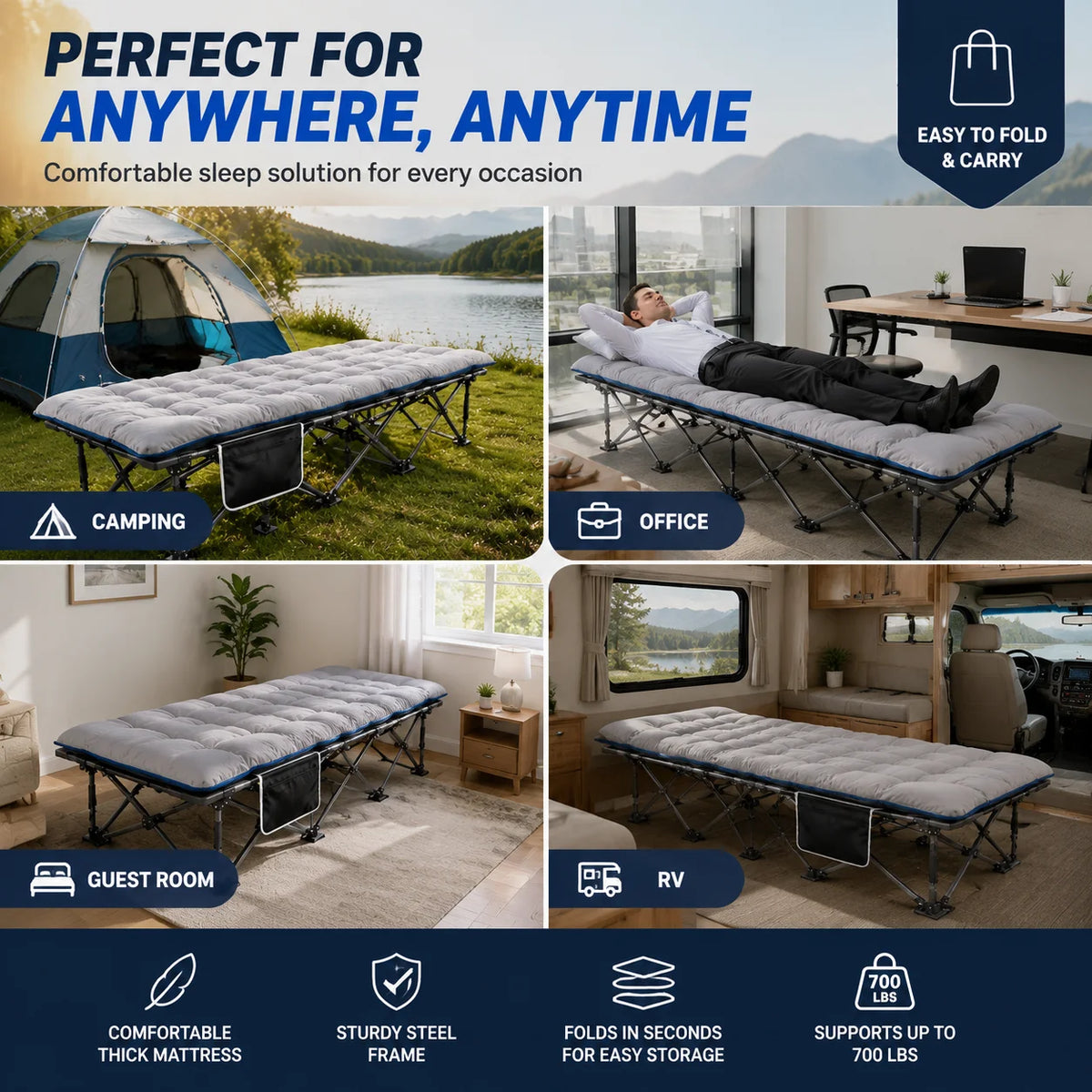Portable Folding Camping Cot With Thick Padded Mattress
