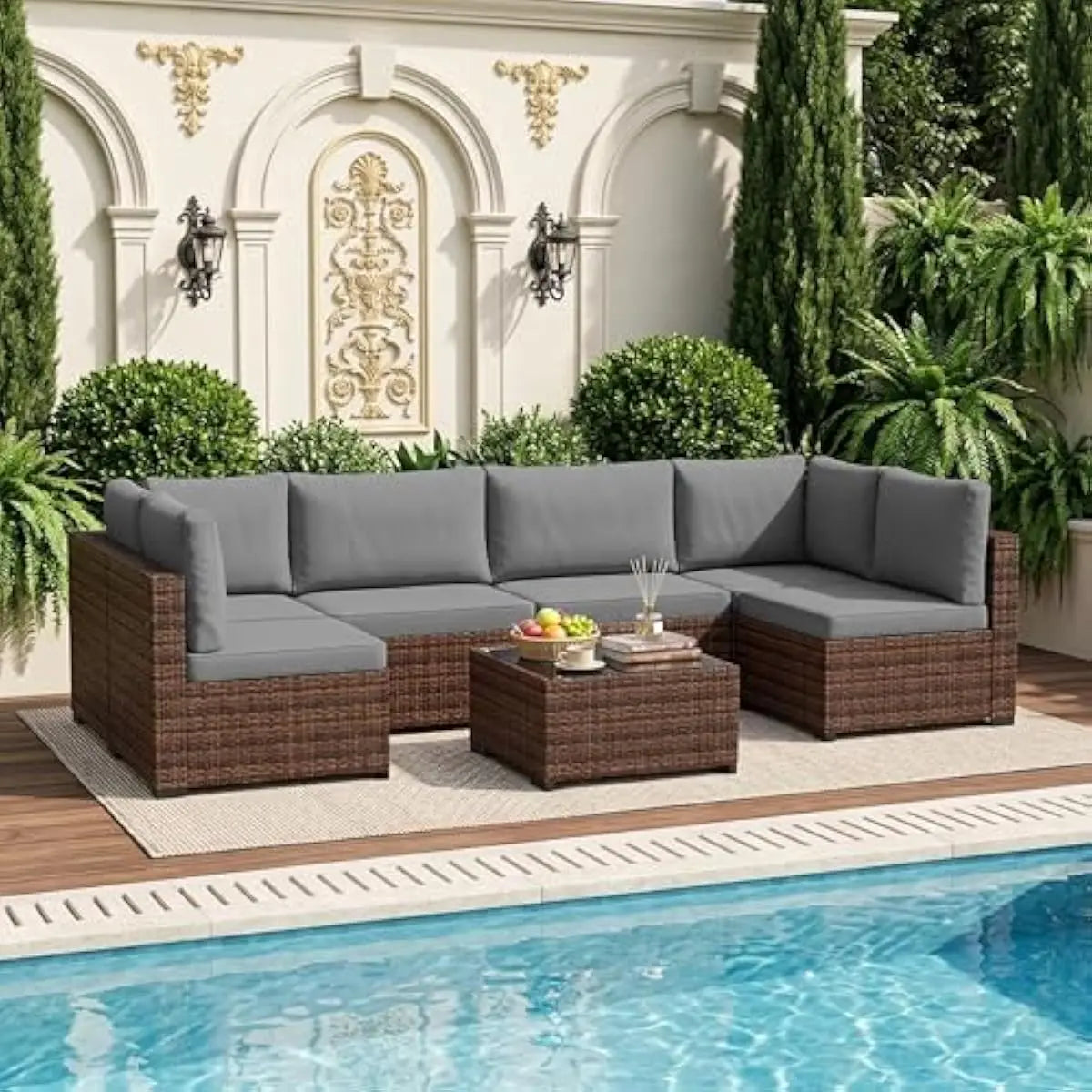 Modern Outdoor PE Rattan Sectional Set Glass Table Removable Cushions