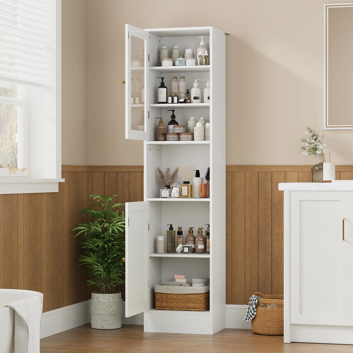 HOSSLLY Slim Bathroom Storage Cabinet With Glass Doors And Shelves