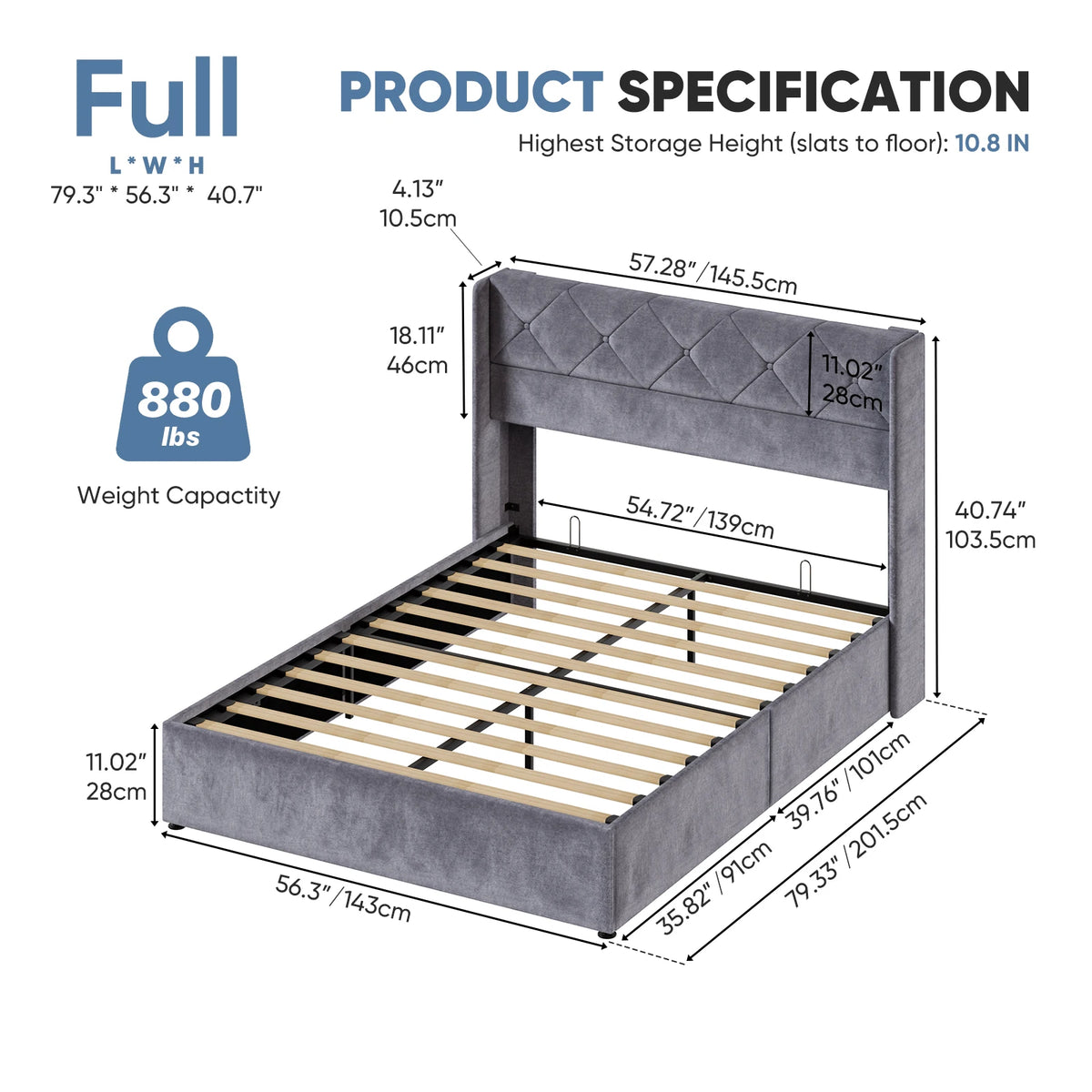 JHK Modern Hydraulic Storage Bed Frame With Wingback Headboard