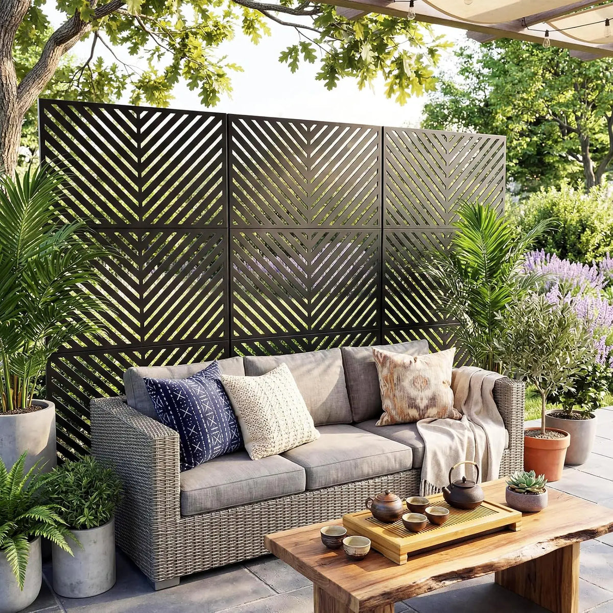 Freestanding Metal Garden Privacy Screen With Laser Cut Design