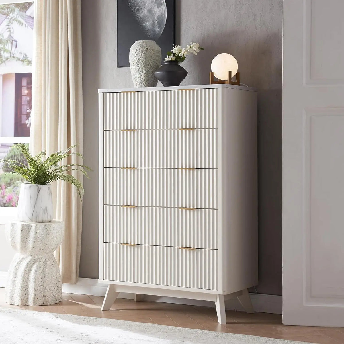Modern Fluted 5 Drawers Dresser Wooden Storage Chest