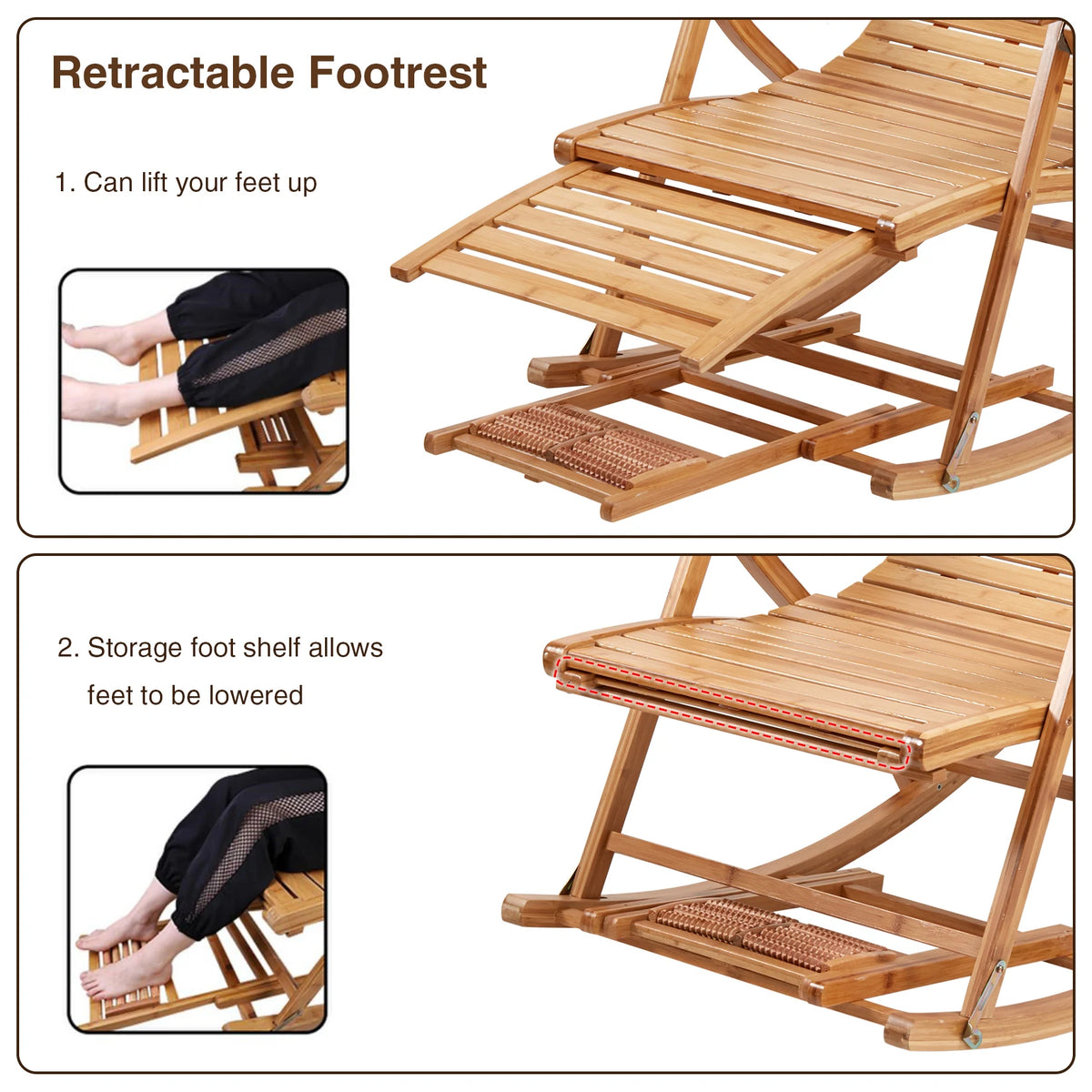 Bamboo Folding Rocking Chair Adjustable Sun Lounger for Indoor Outdoor Living