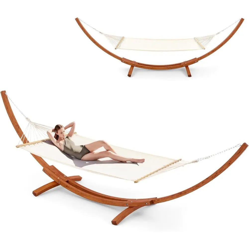 Heavy Duty Double Hammock With Wooden Stand For Patio Garden