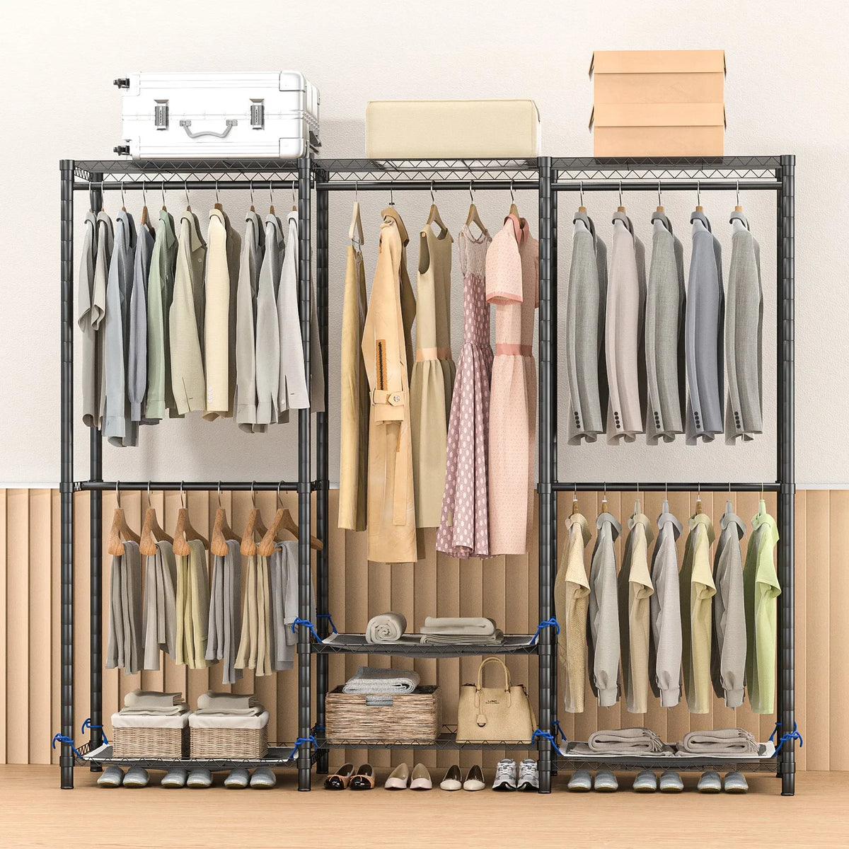Freestanding Metal Clothes Rack And Portable Storage Organizer With Rod