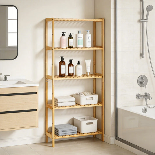 HiMiss Five Tier Bamboo Bathroom Shelf With Slatted Storage Rack